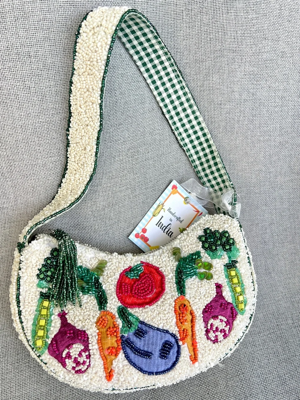 Handmade in India beaded veggie mini hobo bag cream